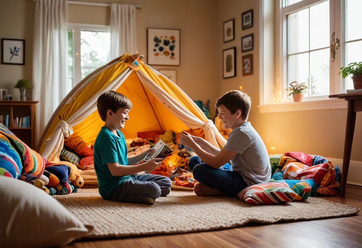 A warm and inviting scene featuring a father and son building a playful fort with colorful blankets and pillows in a cozy living room. The boy, with a joyful expression, is holding up an action figure, while the father smiles, creating a sense of connection and bonding. Sunlight streams through a window, casting a soft glow on the scene filled with playful toys scattered around. The atmosphere is cheerful and nurturing, emphasizing love and creativity. vibrant colors. super-realistic.