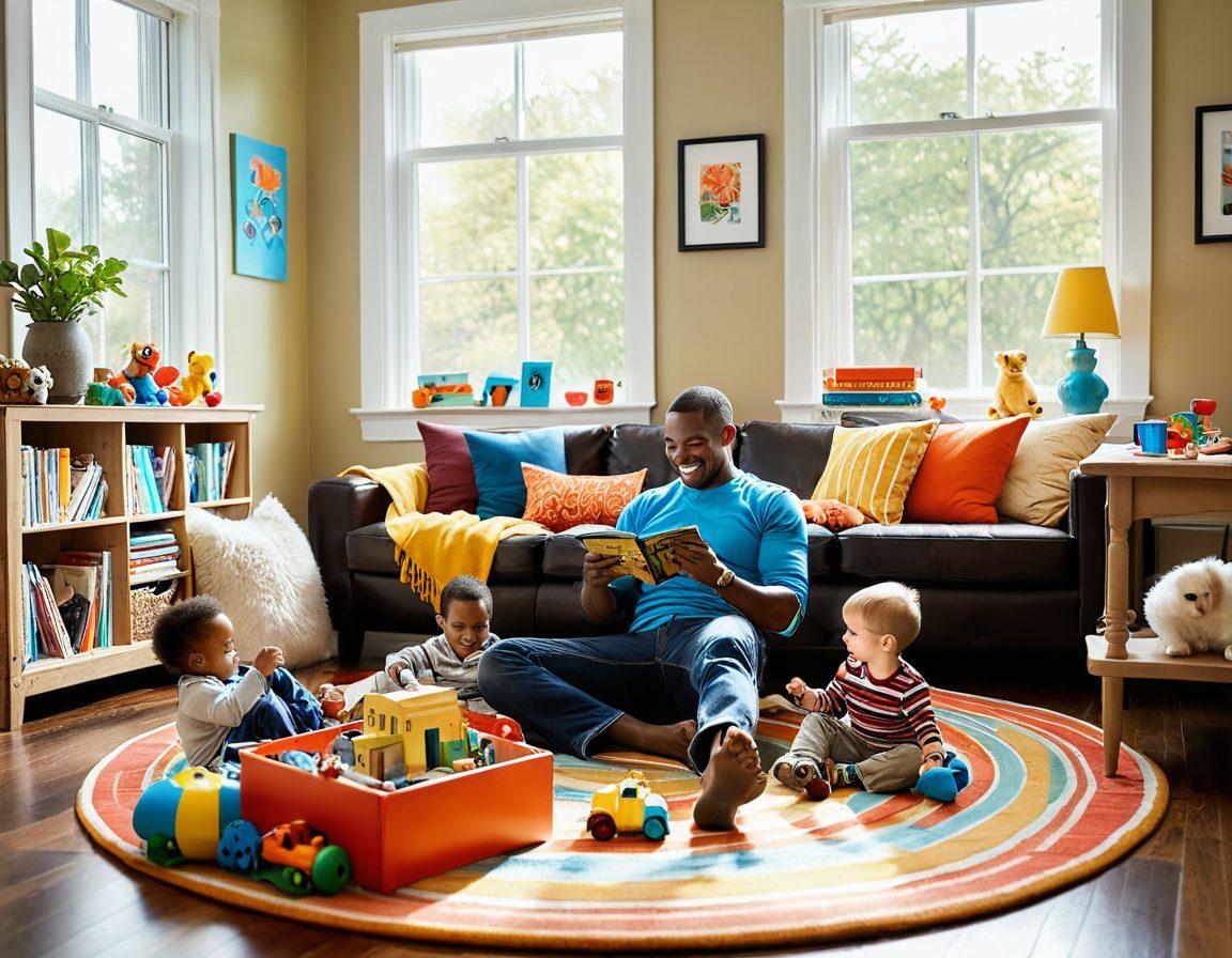 A cozy and inviting living room scene, filled with interactions between a cheerful father and his playful young son, surrounded by toys and parenting books. Soft sunlight spills through the window, illuminating their joyful expressions as they engage in an educational activity. The background features a colorful wall with framed artwork of adorable boys in various playful scenarios. A whimsical touch like a small pet or a colorful play mat adds warmth to the scene. super-realistic. vibrant colors. cozy atmosphere.