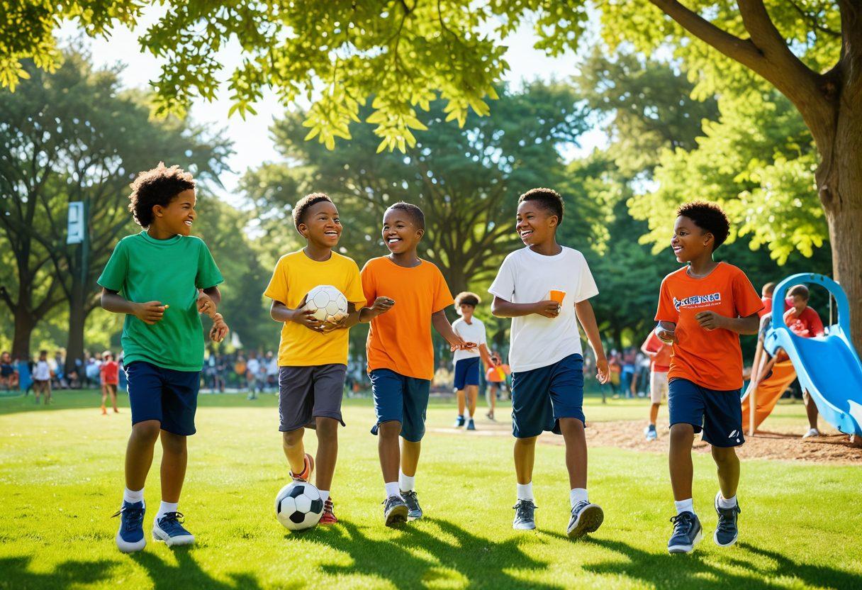 A vibrant scene of diverse young boys playing together in a sunlit park, showcasing laughter and positive interactions, surrounded by supportive parents engaging in uplifting conversations. Trees and colorful playground equipment add to the joyful atmosphere, while symbols of growth and empowerment, such as books and sports, are subtly integrated into the environment. super-realistic. vibrant colors. bright background.